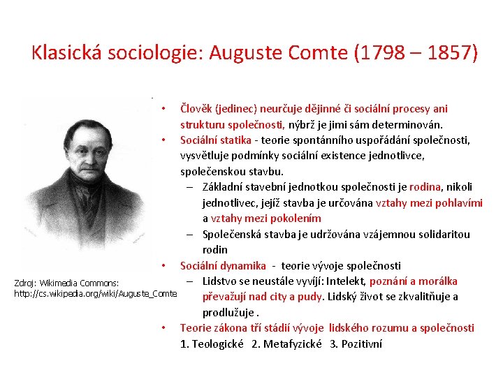 Klasická sociologie: Auguste Comte (1798 – 1857) Člověk (jedinec) neurčuje dějinné či sociální procesy