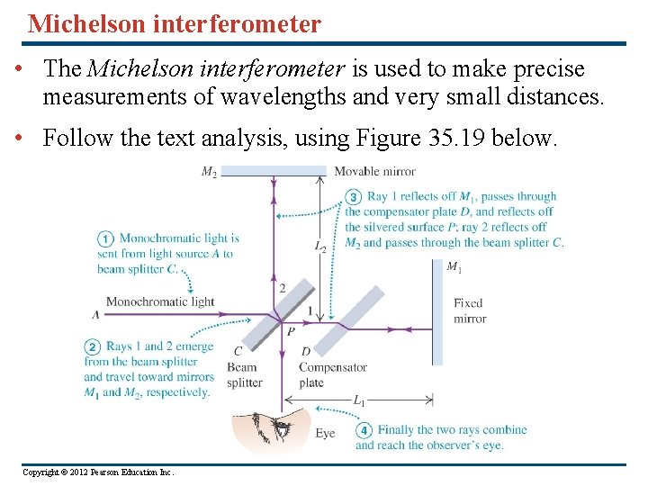 Michelson interferometer • The Michelson interferometer is used to make precise measurements of wavelengths