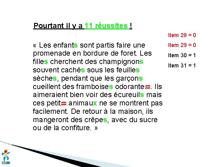 Pourtant il y a 11 réussites ! Item 28 = 0 « Les enfants