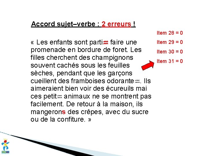 Accord sujet–verbe : 2 erreurs ! Item 28 = 0 « Les enfants sont