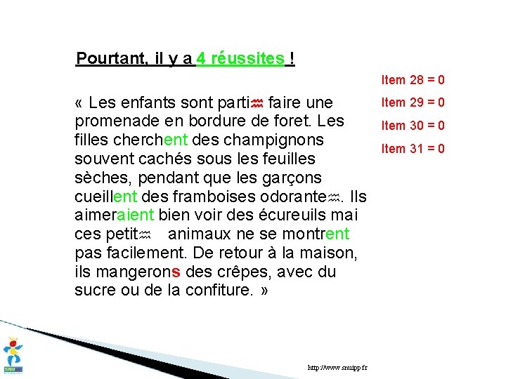 Pourtant, il y a 4 réussites ! Item 28 = 0 « Les enfants