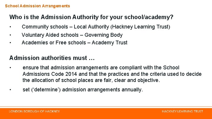 School Admission Arrangements Who is the Admission Authority for your school/academy? • Community schools