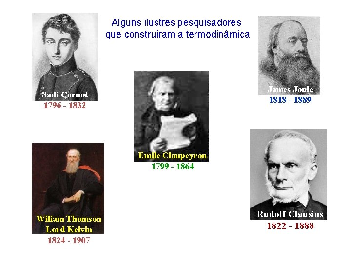 Alguns ilustres pesquisadores que construiram a termodinâmica James Joule 1818 - 1889 Sadi Carnot
