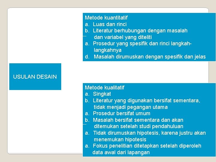 Metode kuantitatif a. Luas dan rinci b. Literatur berhubungan dengan masalah dan variabel yang