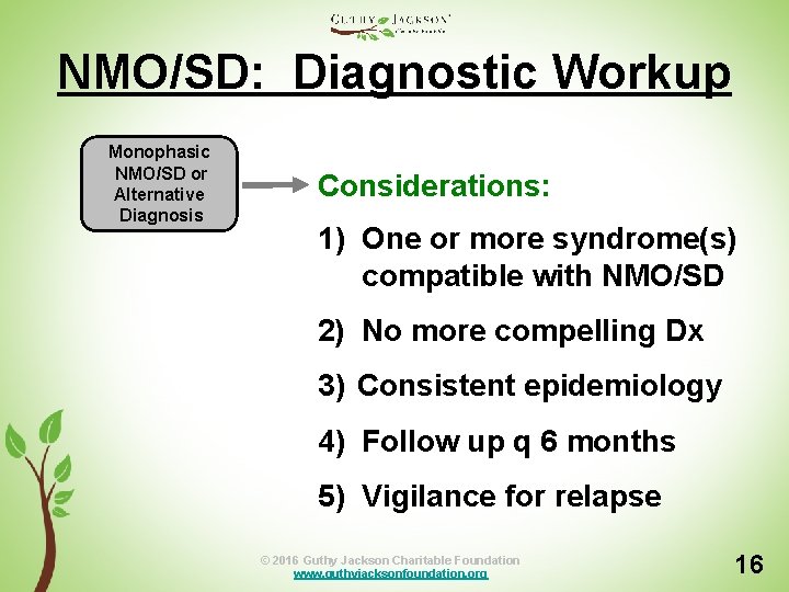 NMO/SD: Diagnostic Workup Monophasic NMO/SD or Alternative Diagnosis Considerations: 1) One or more syndrome(s)