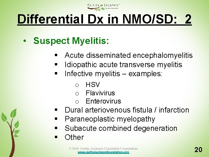 Differential Dx in NMO/SD: 2 • Suspect Myelitis: § Acute disseminated encephalomyelitis § Idiopathic