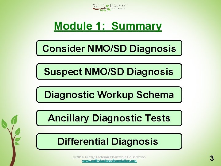 Module 1: Summary Consider NMO/SD Diagnosis Suspect NMO/SD Diagnosis Diagnostic Workup Schema Ancillary Diagnostic