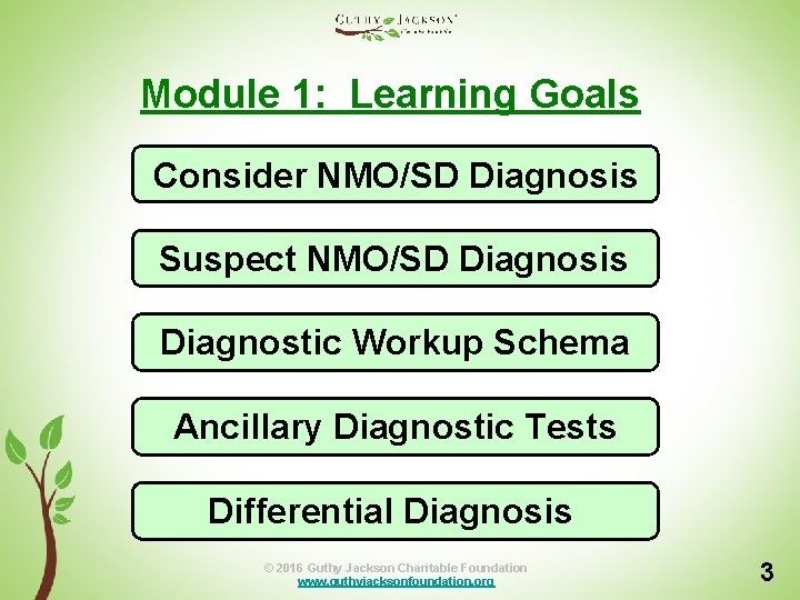 Module 1: Learning Goals Consider NMO/SD Diagnosis Suspect NMO/SD Diagnosis Diagnostic Workup Schema Ancillary