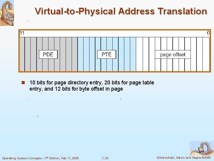 Virtual-to-Physical Address Translation n 10 bits for page directory entry, 20 bits for page