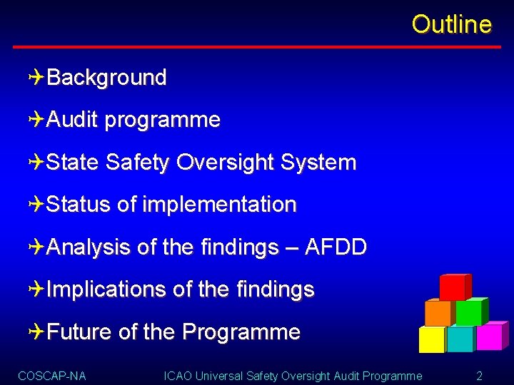 Outline QBackground QAudit programme QState Safety Oversight System QStatus of implementation QAnalysis of the