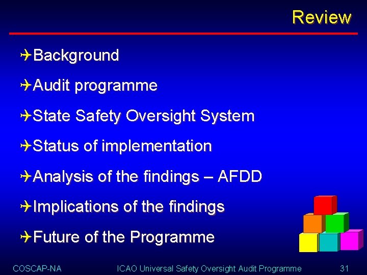Review QBackground QAudit programme QState Safety Oversight System QStatus of implementation QAnalysis of the