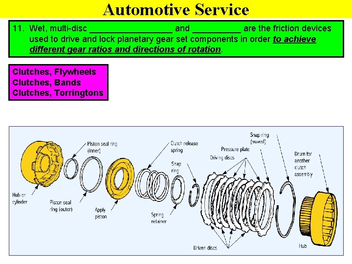 Automotive Service 11. Wet, multi-disc _________ and _____ are the friction devices used to