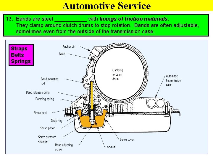 Automotive Service 13. Bands are steel ______ with linings of friction materials. They clamp