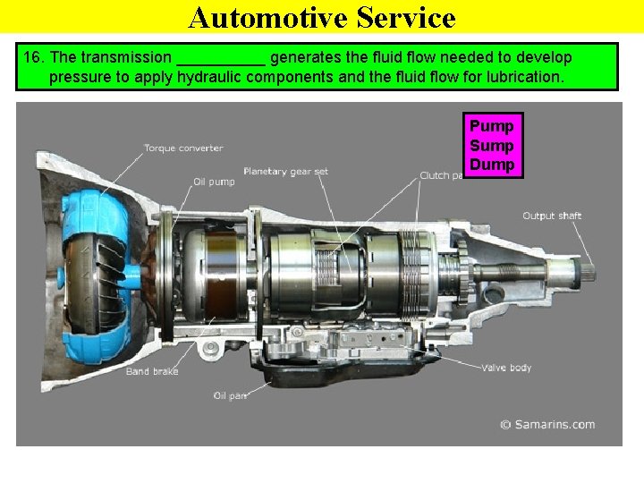 Automotive Service 16. The transmission _____ generates the fluid flow needed to develop pressure