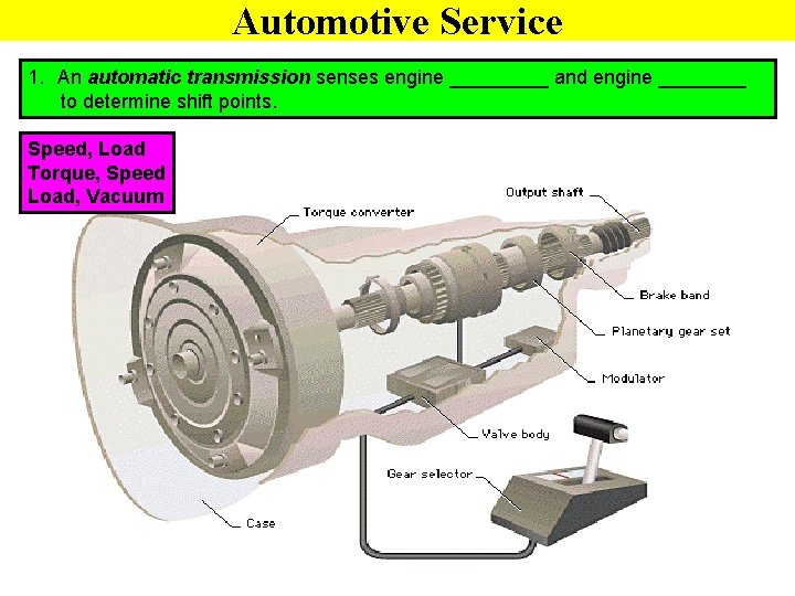 Automotive Service 1. An automatic transmission senses engine _____ and engine ____ to determine