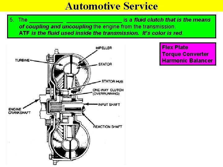 Automotive Service 5. The __________________ is a fluid clutch that is the means of