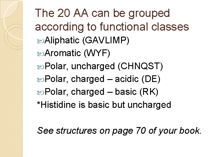 The 20 AA can be grouped according to functional classes Aliphatic (GAVLIMP) Aromatic (WYF)