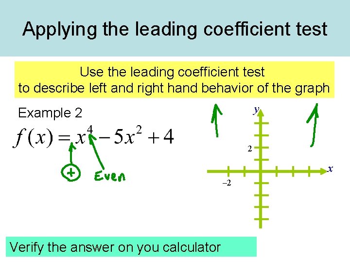 Applying the leading coefficient test Use the leading coefficient test to describe left and