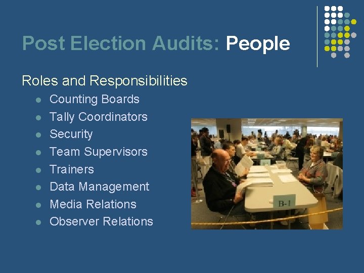 Post Election Audits: People Roles and Responsibilities l l l l Counting Boards Tally