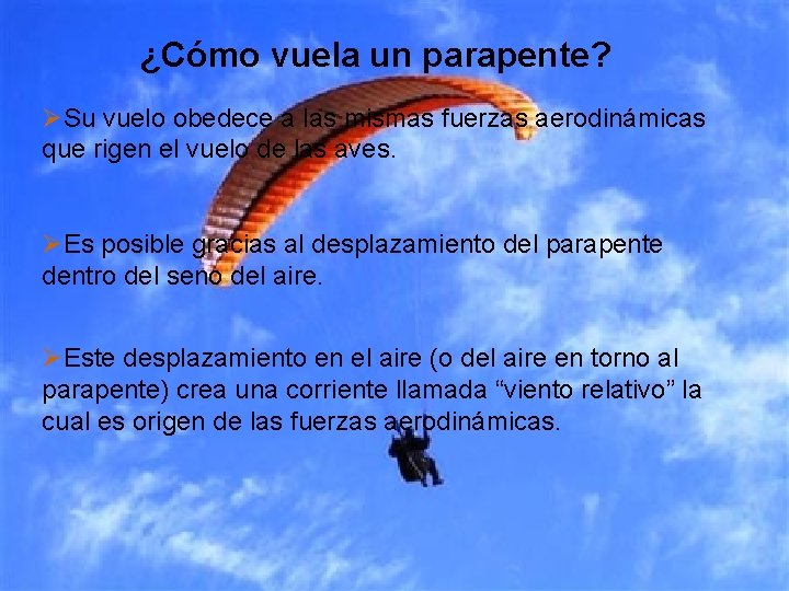 ¿Cómo vuela un parapente? ØSu vuelo obedece a las mismas fuerzas aerodinámicas que rigen