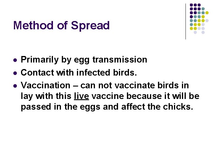 Method of Spread l l l Primarily by egg transmission Contact with infected birds.