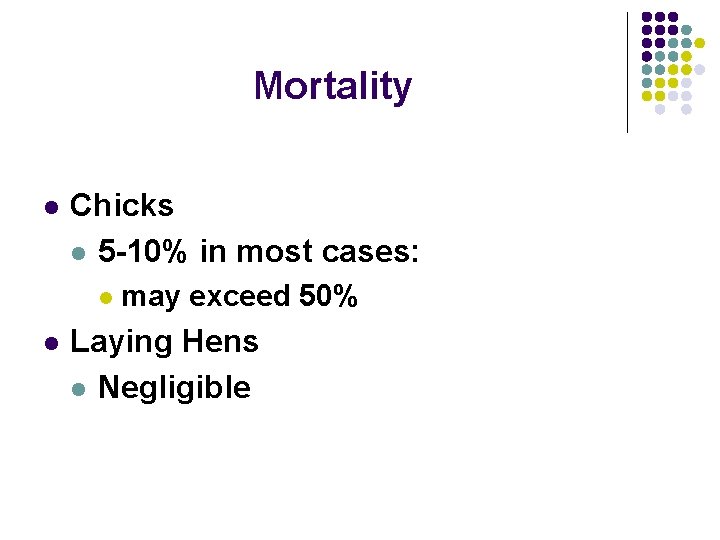 Mortality l Chicks l 5 -10% in most cases: l l may exceed 50% Mortality l Chicks l 5 -10% in most cases: l l may exceed 50%