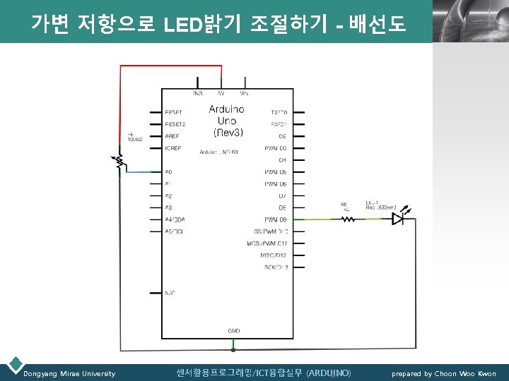 가변 저항으로 LED밝기 조절하기 - 배선도 Dongyang Mirae University 센서활용프로그래밍/ICT융합실무 (ARDUINO) 37 LOGO prepared