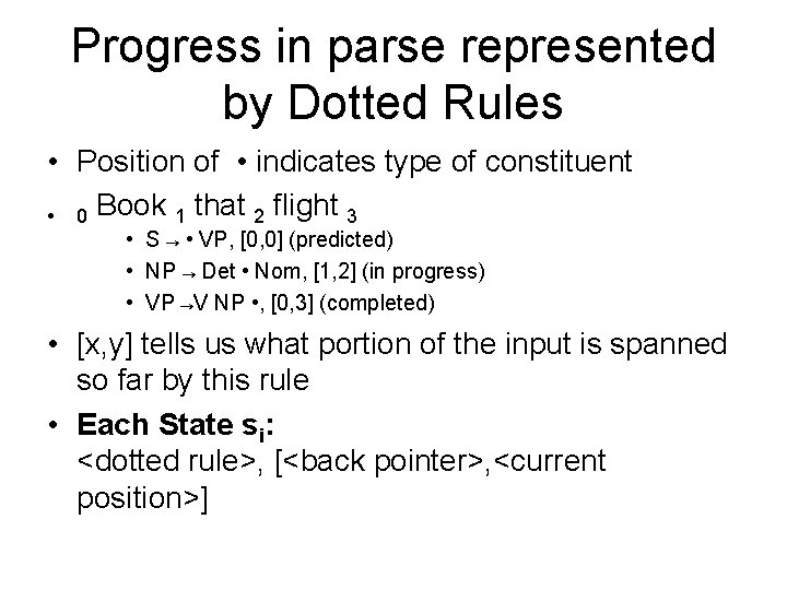 Progress in parse represented by Dotted Rules • Position of • indicates type of