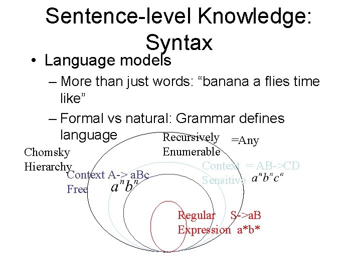 Sentence-level Knowledge: Syntax • Language models – More than just words: “banana a flies