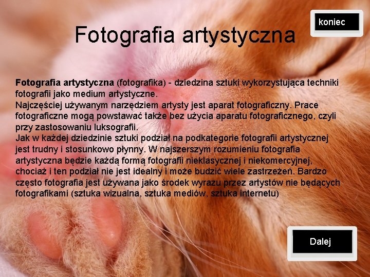 Fotografia artystyczna koniec Fotografia artystyczna (fotografika) - dziedzina sztuki wykorzystująca techniki fotografii jako medium