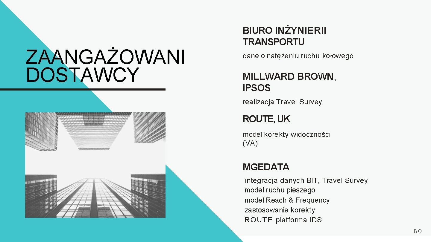 ZAANGAŻOWANI DOSTAWCY BIURO INŻYNIERII TRANSPORTU dane o natężeniu ruchu kołowego MILLWARD BROWN, IPSOS realizacja ZAANGAŻOWANI DOSTAWCY BIURO INŻYNIERII TRANSPORTU dane o natężeniu ruchu kołowego MILLWARD BROWN, IPSOS realizacja