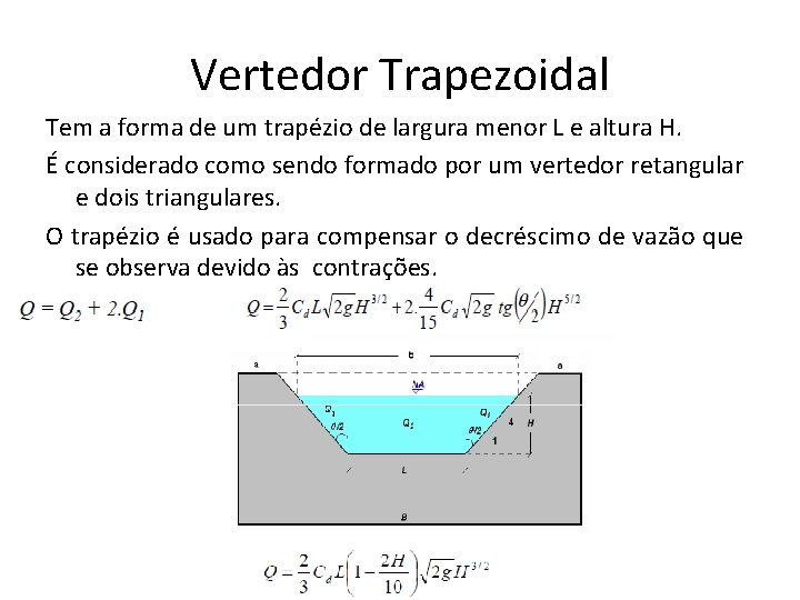 Vertedor Trapezoidal Tem a forma de um trapézio de largura menor L e altura