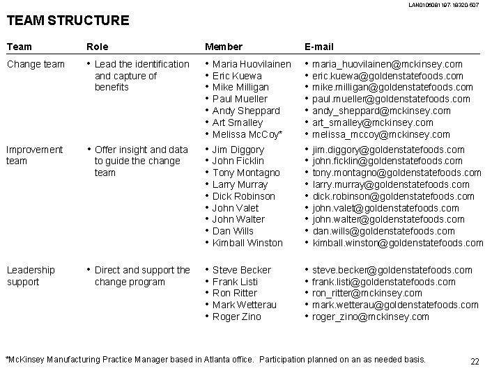 LAN 0106081197 -18320 -507 TEAM STRUCTURE Team Role Member E-mail Change team • Lead