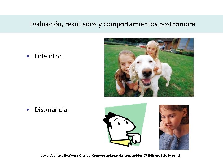 Evaluación, resultados y comportamientos postcompra • Fidelidad. • Disonancia. Javier Alonso e Ildefonso Grande.