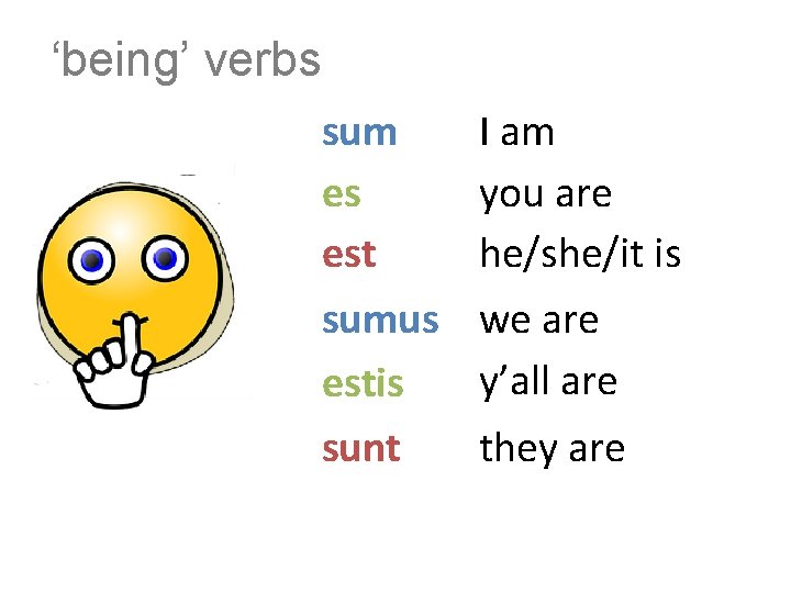 ‘being’ verbs sum es est sumus estis sunt I am you are he/she/it is ‘being’ verbs sum es est sumus estis sunt I am you are he/she/it is