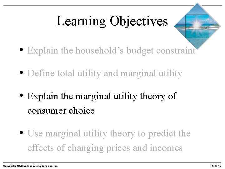 Learning Objectives • Explain the household’s budget constraint • Define total utility and marginal