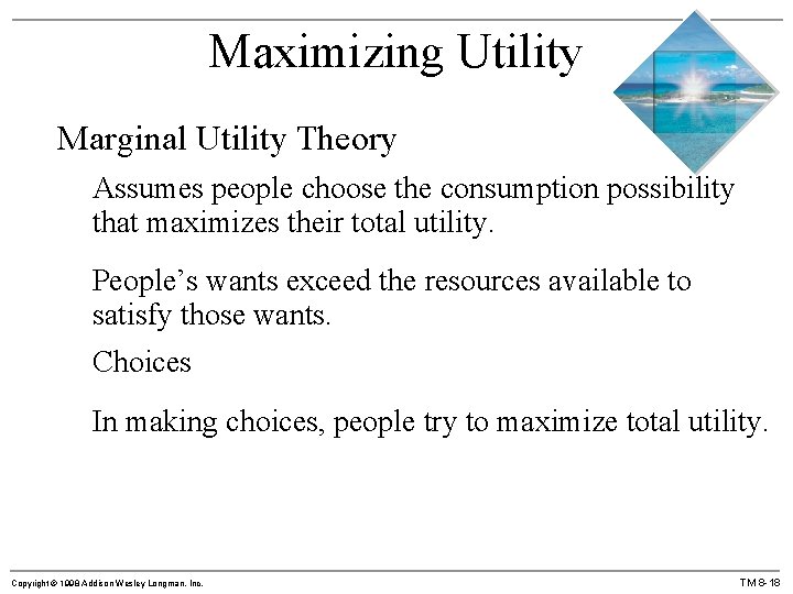 Maximizing Utility Marginal Utility Theory Assumes people choose the consumption possibility that maximizes their