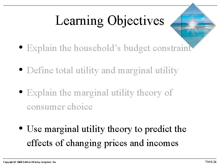 Learning Objectives • Explain the household’s budget constraint • Define total utility and marginal