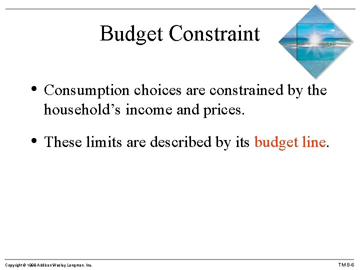 Budget Constraint • Consumption choices are constrained by the household’s income and prices. •