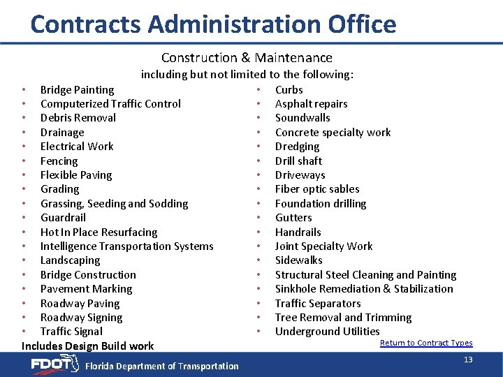 Contracts Administration Office Construction & Maintenance including but not limited to the following: Bridge