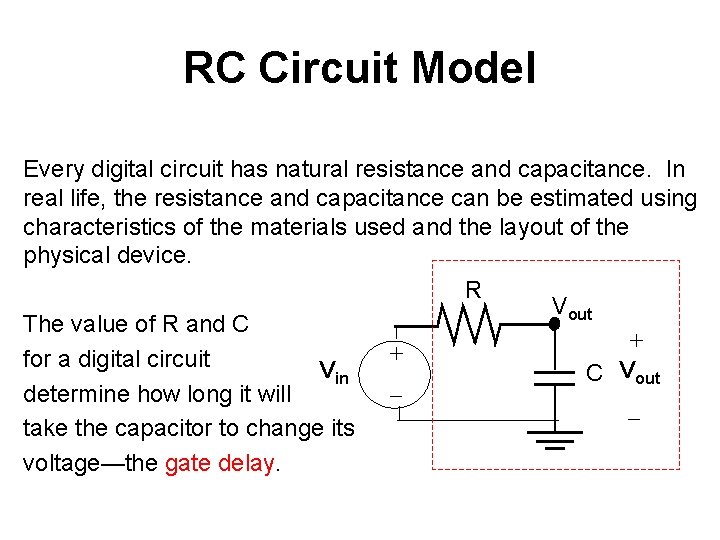 RC Circuit Model Every digital circuit has natural resistance and capacitance. In real life,