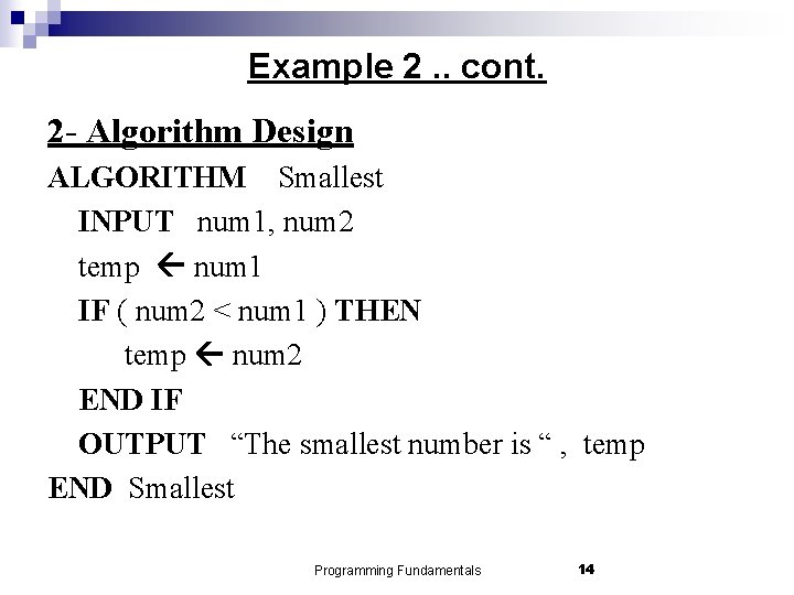 Example 2. . cont. 2 - Algorithm Design ALGORITHM Smallest INPUT num 1, num