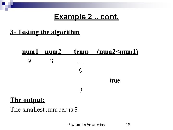 Example 2. . cont. 3 - Testing the algorithm num 1 num 2 9