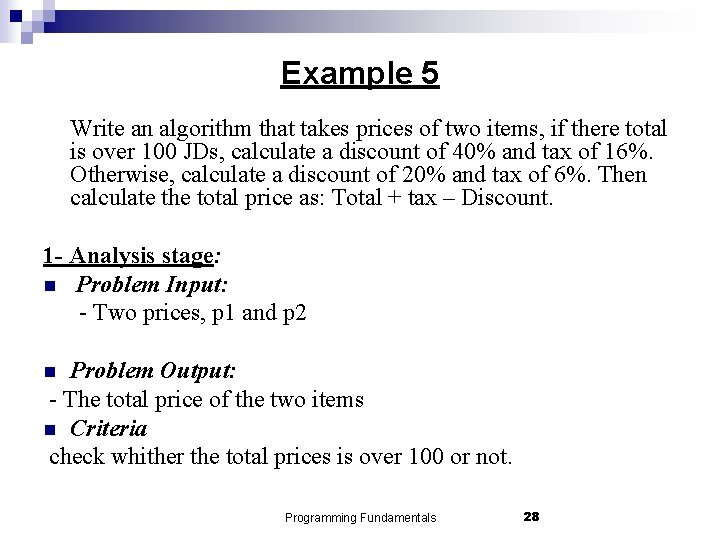 Example 5 Write an algorithm that takes prices of two items, if there total