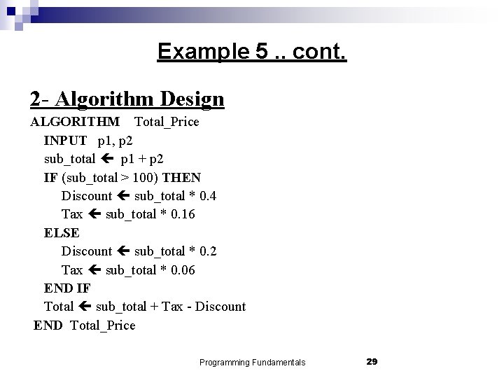 Example 5. . cont. 2 - Algorithm Design ALGORITHM Total_Price INPUT p 1, p