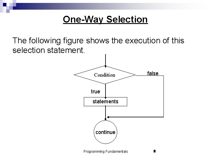 One-Way Selection The following figure shows the execution of this selection statement. Condition false