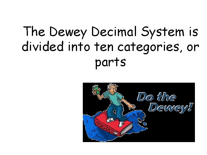 The Dewey Decimal System is divided into ten categories, or parts 