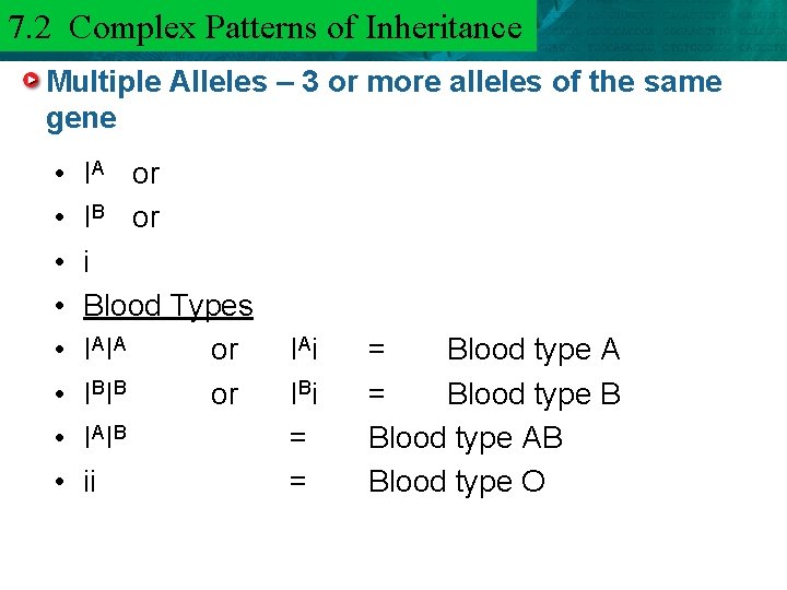 7. 2 Complex Patterns of Inheritance 6. 3 Mendel and Heredity Multiple Alleles –