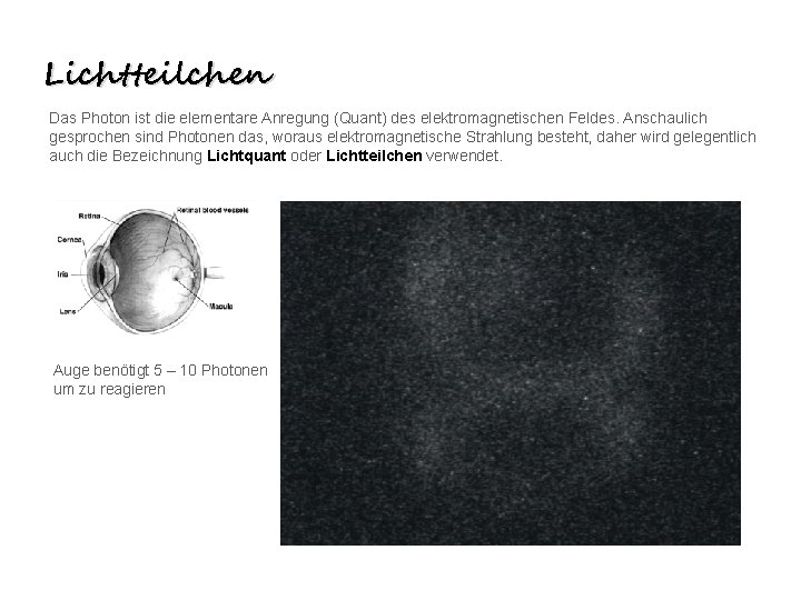 Lichtteilchen Das Photon ist die elementare Anregung (Quant) des elektromagnetischen Feldes. Anschaulich gesprochen sind