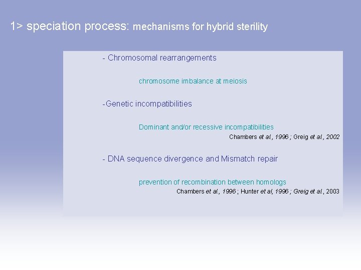 1> speciation process: mechanisms for hybrid sterility - Chromosomal rearrangements chromosome imbalance at meiosis
